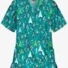 Butter-Soft X-Mas Park Teal Women's 2-Pocket Relaxed Fit V-Neck Print Scrub Top