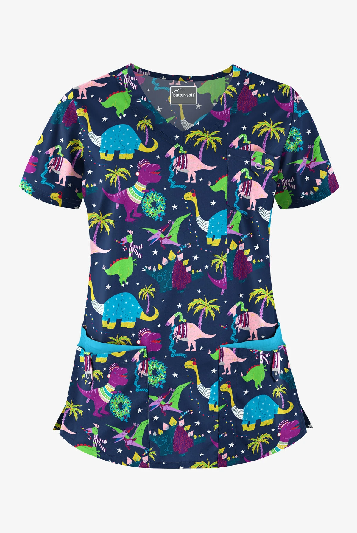 Butter-Soft Christmas Dinos Navy Women's 5-Pocket Rounded V-Neck Print Scrub Top Butter-Soft Christmas Dinos Navy Women's 5-Pocket Rounded V-Neck Print Scrub Top -Cherokee Shop H638CDNV 1