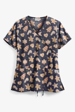 UA Gingerbread Cookies Granite Women's 2-Pocket Mock Wrap Print Scrub Top