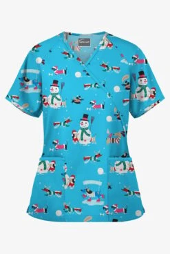 Butter-Soft Holiday Fun Turquoise Women's 2-Pocket Mock Wrap Print Scrub Top