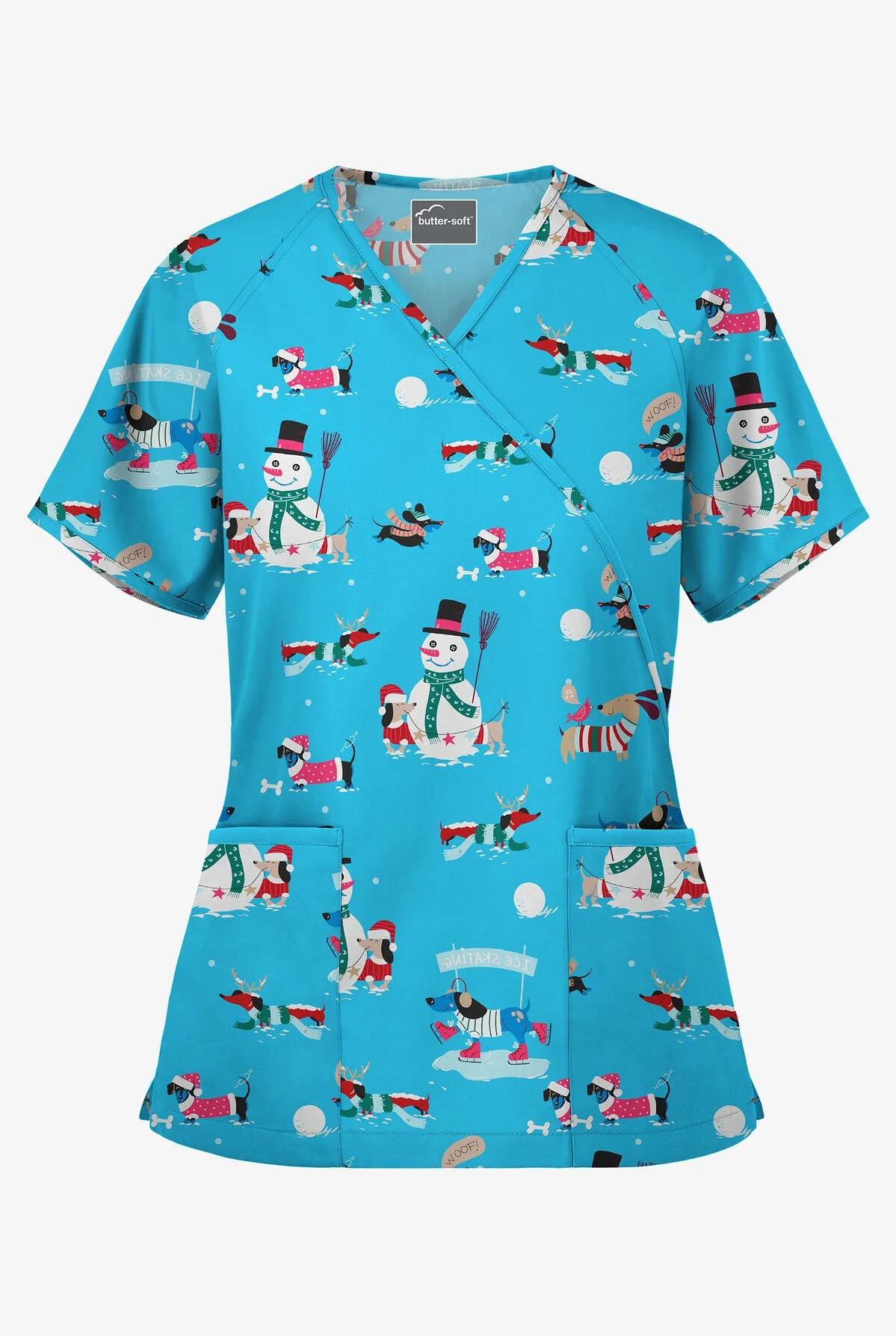 Butter-Soft Holiday Fun Turquoise Women's 2-Pocket Mock Wrap Print Scrub Top Butter-Soft Holiday Fun Turquoise Women's 2-Pocket Mock Wrap Print Scrub Top -Cherokee Shop H668HDT 1