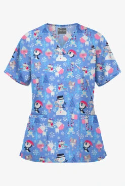 Butter-Soft Holiday Party Ceil Women's 2-Pocket Mock Wrap Print Scrub Top