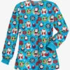 Butter-Soft Christmas Stickers Turquoise Women's 2-Pocket Warm-Up Print Scrub Jacket