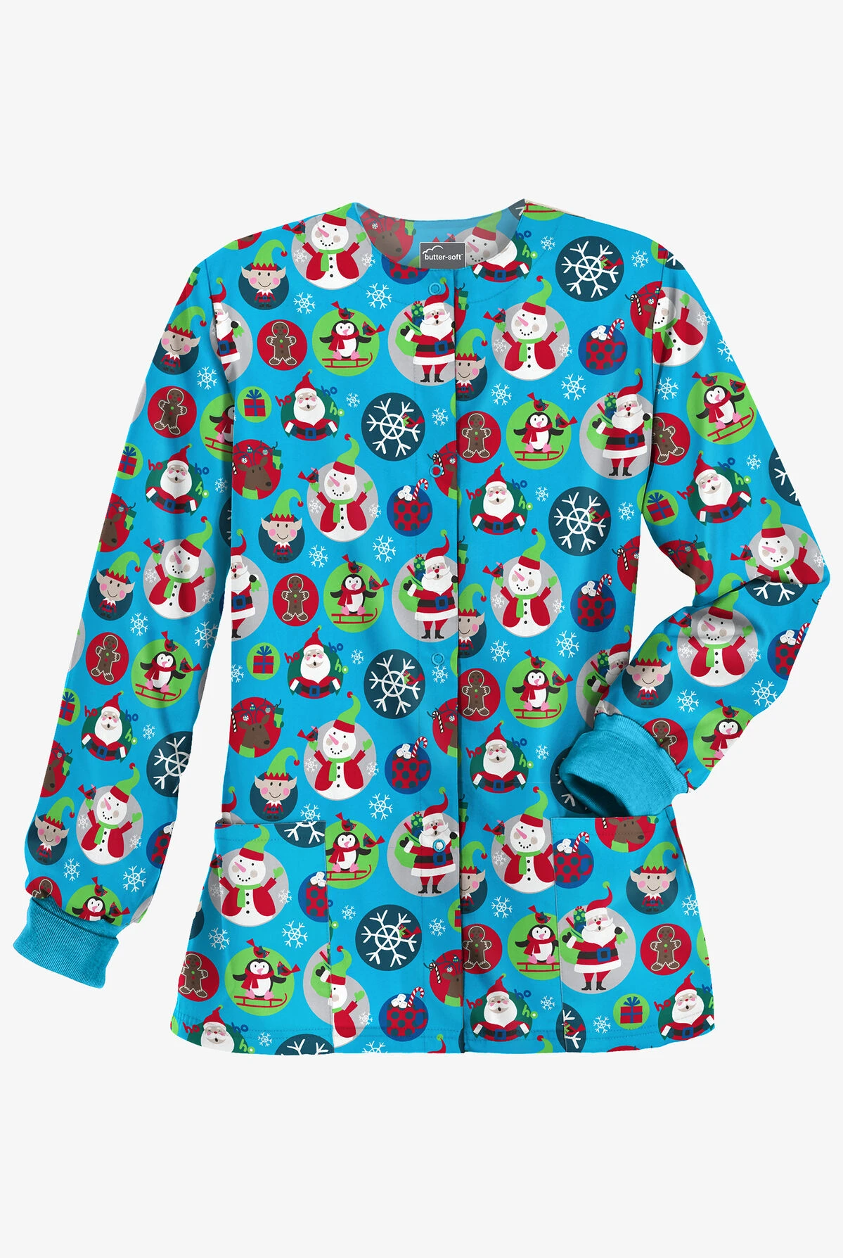 Butter-Soft Christmas Stickers Turquoise Women's 2-Pocket Warm-Up Print Scrub Jacket Butter-Soft Christmas Stickers Turquoise Women's 2-Pocket Warm-Up Print Scrub Jacket -Cherokee Shop H82CSTQ 1