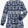 Butter-Soft Nordic Winter Navy Women's 2-Pocket Warm-Up Print Scrub Jacket
