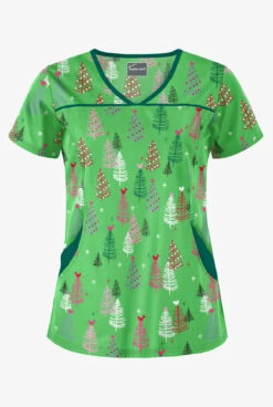 Butter-Soft Joy Forest Gecko Green Women's 4-Pocket Princess Seam Print Scrub Top