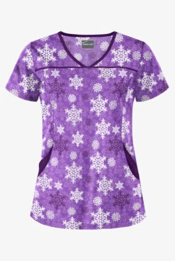 Butter-Soft Morning Snow Purple Glow Women's 4-Pocket Princess Seam Print Scrub Top