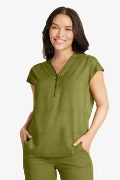 Healing Hands Limited Edition Kelly Alligator Print Women's 2-Pocket STRETCH Zipper Scrub Top -Cherokee Shop HE801 091923 CYGRE 4 S