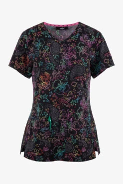 Heartsoul Celestial Rainbow Floral Women's 2-Pocket STRETCH V-Neck Print Scrub Top