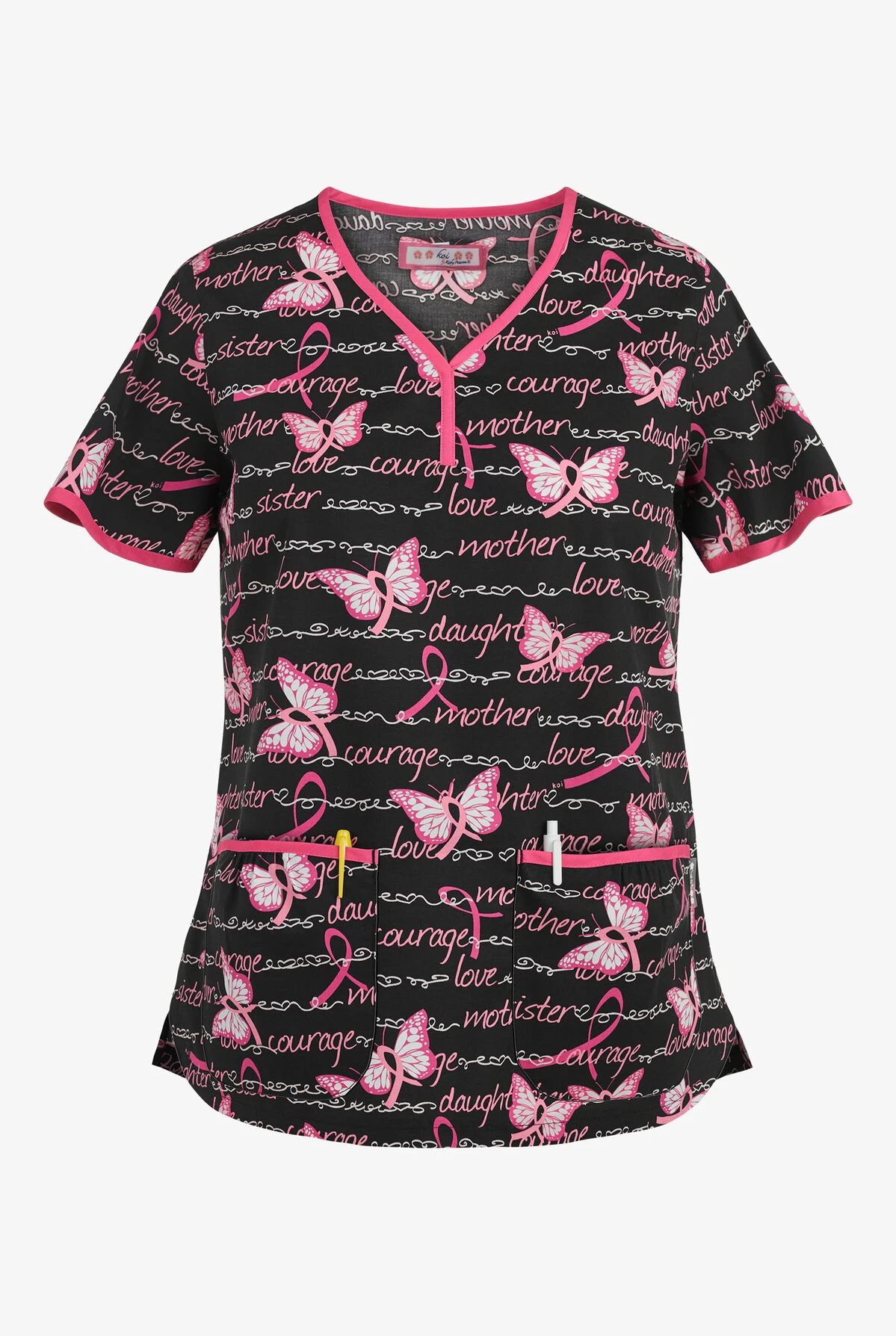 koi Butterfly & Words Fashion Eve Women's 2-Pocket Y-Neck Print Scrub Top Koi Butterfly & Words Fashion Eve Women's 2-Pocket Y-Neck Print Scrub Top -Cherokee Shop K1007BAW 1