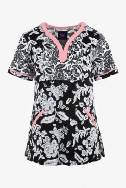 Koi Stretch Woodblack Floral Women's 4-Pocket STRETCH Y-Neck Print Scrub Top