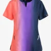 Koi Lite Coral/Navy Vertical Ombre Women's 2-Pocket STRETCH Split Neckline Print Scrub Top