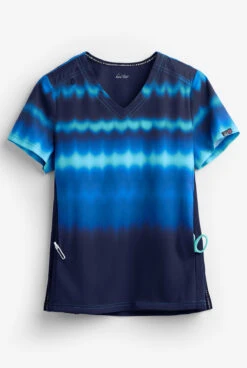 Koi Lite⢠Reform Wavy Ombre Blue Women's 2-Pocket V-Neck Print Scrub Top