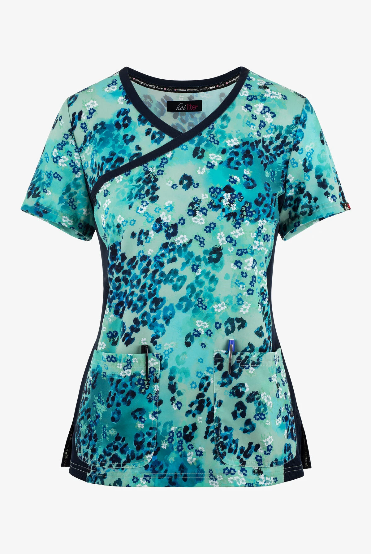Koi Lite Animal Petals Women's 2-Pocket STRETCH Mock-Wrap Print Scrub Top Koi Lite Animal Petals Women's 2-Pocket STRETCH Mock-Wrap Print Scrub Top -Cherokee Shop K385APT 1