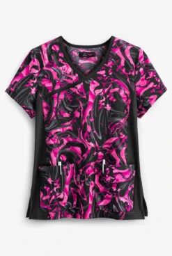 Koi Lite⢠Inkblot Pinks Women's 2-Pocket Mock Wrap STRETCH Print Scrub Top