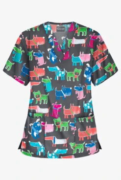 Butter-Soft Dog Walk Pewter Women's 3-Pocket V-Neck Print Scrub Top