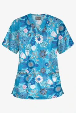 Butter-Soft Kiev Floral Turquoise Women's 3-Pocket V-Neck Printed Scrub Top
