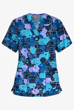 Butter-Soft Puzzle Cats Navy Women's 3-Pocket V-Neck Print Scrub Top