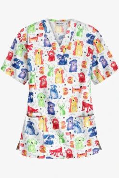 UA Best Buy Playful Doggies White Printed Women's 3-Pocket V-Neck Scrub Top
