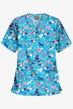 UA Butter-Soft Unicorn Adventure Turquoise Women's 2-Pocket V-Neck Print Scrub Top
