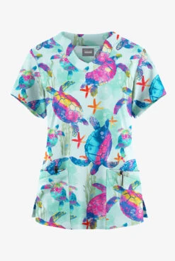 Butter-Soft Originals Turtle Journey Galaxy Women's 6-Pocket Scallop Neck Printed Scrub Top 