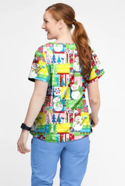 Butter-Soft Joyful Snowman Grass Green Women’s 4-Pocket V Notch-Neck Printed Scrub Top -Cherokee Shop TS1531JSGG 3