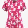 Butter-Soft Originals Easter Egg Hunt Fuchsia Women's 7-Pocket Curved V-Neck Printed Scrub Top 