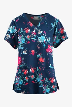 Butter-Soft Originals Floral Splash Navy Women's 4-Pocket Rounded V-Neck Printed Scrub Top