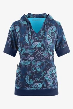 Easy STRETCH By Butter-Soft™ Paisley Tie Dye Women's 3-Pocket Short Sleeve Pull-Over Scrub Hoodie