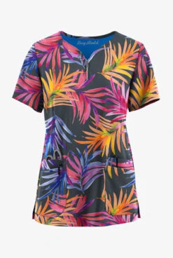 Easy STRETCH By Butter-Soft™ Flower Splash Pewter Women's 4-Pocket Zip Curved Neck Printed Scrub Top