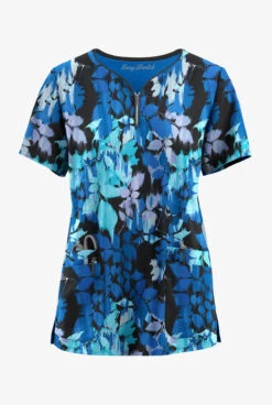 Easy STRETCH By Butter-Soft™ Magical Garden Women's 4-Pocket Zip Curved Neck Printed Scrub Top