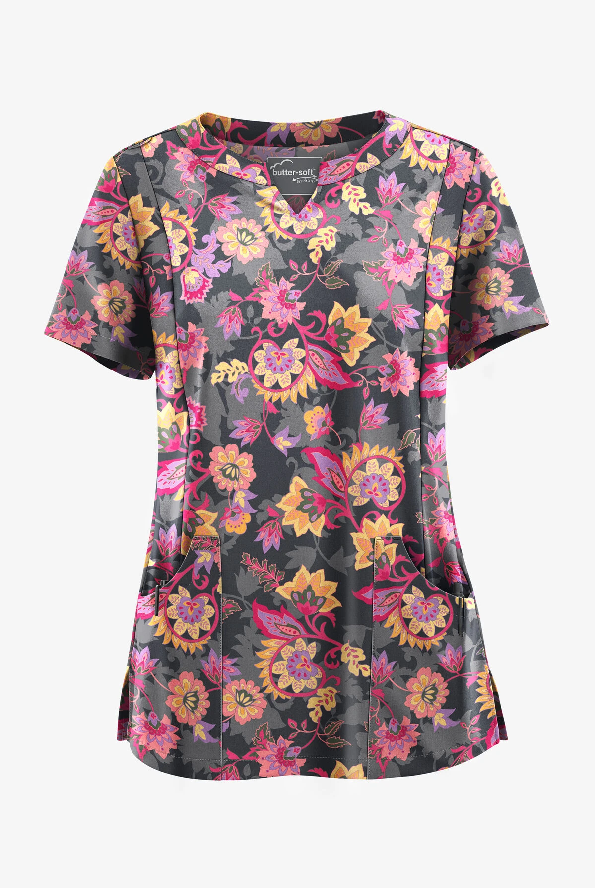 UA Butter-Soft STRETCH Jacobean Spring Pewter Women’s 4-Pocket Notch-Neck Printed Scrub Top UA Butter-Soft STRETCH Jacobean Spring Pewter Women’s 4-Pocket Notch-Neck Printed Scrub Top -Cherokee Shop TS4244JSPW 1
