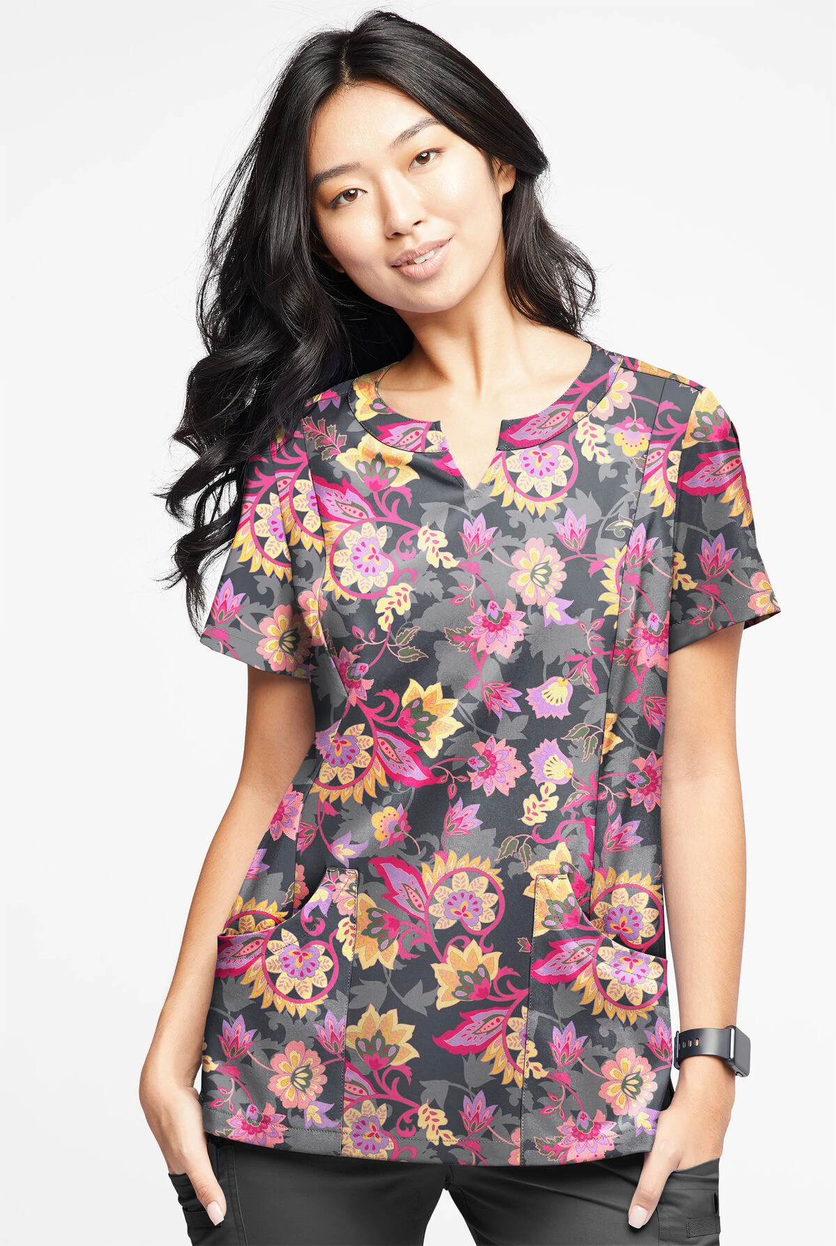 UA Butter-Soft STRETCH Jacobean Spring Pewter Women’s 4-Pocket Notch-Neck Printed Scrub Top UA Butter-Soft STRETCH Jacobean Spring Pewter Women’s 4-Pocket Notch-Neck Printed Scrub Top -Cherokee Shop TS4244JSPW 2