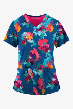 Easy STRETCH By Butter-Soft™ Sweet Blossoms Royal Women's 2-Pocket Mitered V-Neck Printed Scrub Top