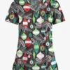 Butter-Soft Christmas Baubles Women's 1-Pocket V-Neck Tuck-In Print Scrub Top