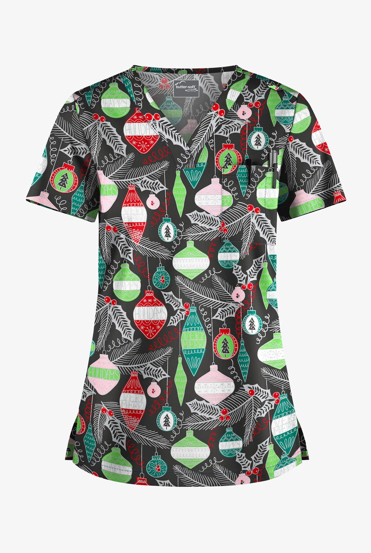 Butter-Soft Christmas Baubles Women's 1-Pocket V-Neck Tuck-In Print Scrub Top Butter-Soft Christmas Baubles Women's 1-Pocket V-Neck Tuck-In Print Scrub Top -Cherokee Shop TS452CBBL 1