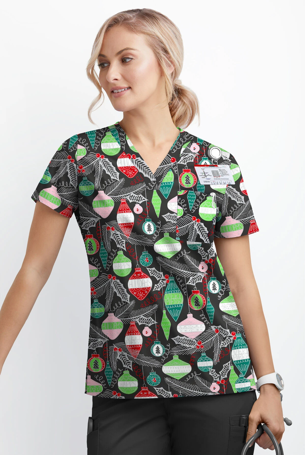 Butter-Soft Christmas Baubles Women's 1-Pocket V-Neck Tuck-In Print Scrub Top Butter-Soft Christmas Baubles Women's 1-Pocket V-Neck Tuck-In Print Scrub Top -Cherokee Shop TS452CBBL 2