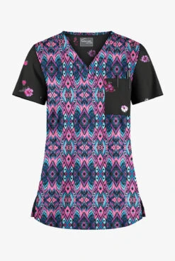 Butter-Soft STRETCH Cantik Ikat & Floral Women's 1-Pocket V-Neck Tuck-In Mixed Print Scrub Top