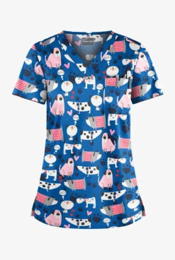 Butter-Soft Dreaming Pups Royal Women's 1-Pocket V-Neck Tuck-In Print Scrub Top