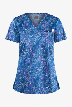 Butter-Soft Elegant Paisley Royal Women's 1-Pocket V-Neck Tuck-In Print Scrub Top