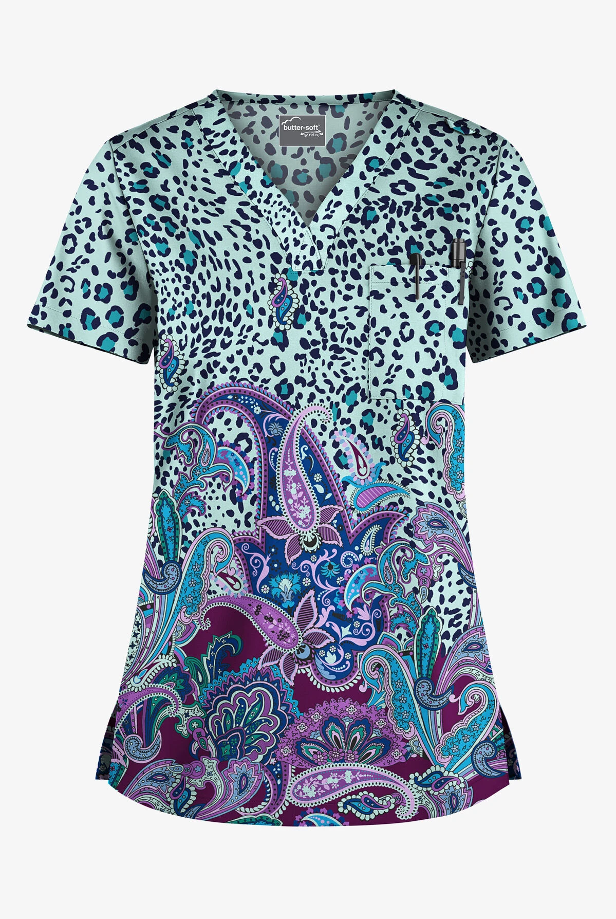 UA Butter-Soft STRETCH Jungle Paisley Sea Frost Women's 1-Pocket V-Neck Tuck-In Printed Scrub Top UA Butter-Soft STRETCH Jungle Paisley Sea Frost Women's 1-Pocket V-Neck Tuck-In Printed Scrub Top -Cherokee Shop TS452JPSF 100523 1