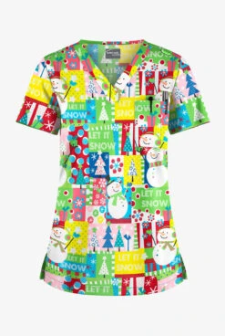 Butter-Soft Joyful Snowman Grass Green Women's 1-Pocket V-Neck Tuck-In Print Scrub Top