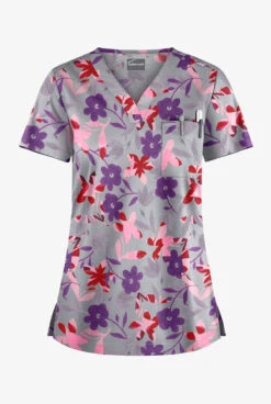 Butter-Soft Matisse Floral Silver Women's 1-Pocket V-Neck Tuck-In Print Scrub Top