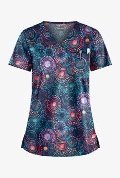 Butter-Soft Pop Circles Navy Women's 1-Pocket V-Neck Tuck-In Print Scrub Top