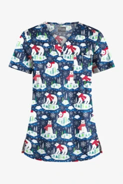 Butter-Soft Polar Holiday Navy Women's 1-Pocket V-Neck Tuck-In Print Scrub Top