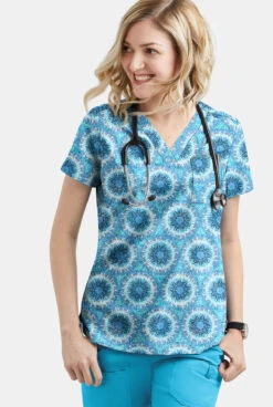UA Butter-Soft STRETCH Splash Of Geo Aqua Moon Women's 1-Pocket V-Neck Print Scrub Top -Cherokee Shop TS452SGQ 3 S
