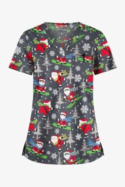 Butter-Soft Santa On Vacation Pewter Women's 1-Pocket V-Neck Tuck-In Print Scrub Top