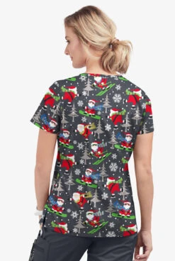 Butter-Soft Santa On Vacation Pewter Women's 1-Pocket V-Neck Tuck-In Print Scrub Top -Cherokee Shop TS452SVPW 3
