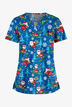 Butter-Soft Santa On Vacation Royal Women's 1-Pocket V-Neck Tuck-In Print Scrub Top