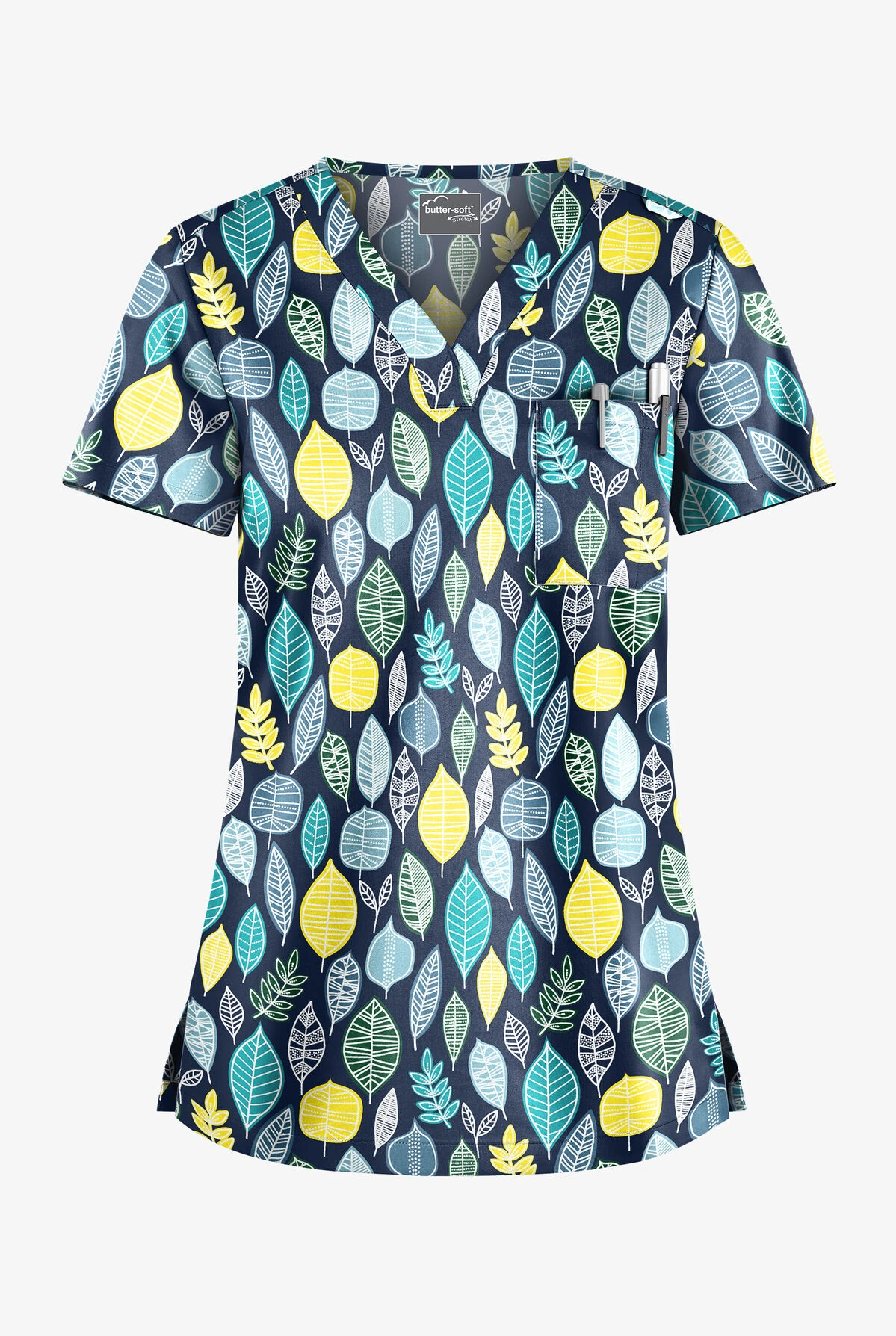 UA Butter-Soft STRETCH Swedish Leaves Navy Women's 1-Pocket V-Neck Tuck-In Print Scrub Top UA Butter-Soft STRETCH Swedish Leaves Navy Women's 1-Pocket V-Neck Tuck-In Print Scrub Top -Cherokee Shop TS452SWNV 1